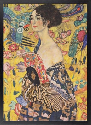 Fine Artic Cuadro Dama con el abanico de Gustav Klimt - Poster de Arte Modernista con Marco de madera Negro - Arte mural Simbolista decoración Elegante y Vintage - Cuadros famosos