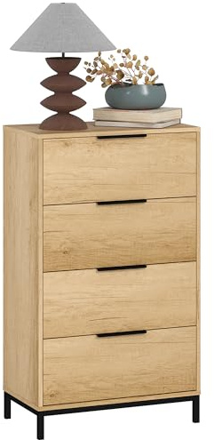 HOMCOM Cómoda de 4 Cajones Alta con Tiradores Metálicos Cómoda para Dormitorio Cajonera Estrecha para Pasillo y Salón 62x35x105 cm Natural