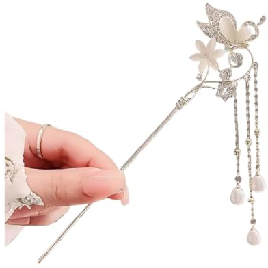 Forcine per capelli a forma di farfalla con fiori rosa e perle, forcelle in lega color oro, gioiello cinese da donna per abito Hanfu, gioielli cinesi (S3)