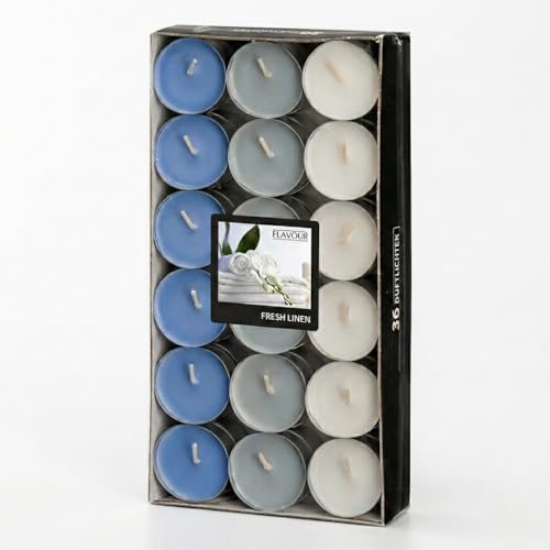 Ameisenkeks 36 luci profumate Fresh Linen – Set di candele aromatiche in bianco, grigio e blu – Durata circa 4 ore – Ø 38 mm