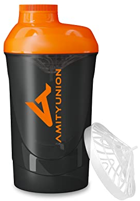 AMITYUNION Shaker per proteine ​​- L'ORIGINALE Senza BPA con setaccio, scala per frullati di siero di latte cremosi, tazze Gym Deluxe per isolati e concentrati sportivi, (Arancio nero)