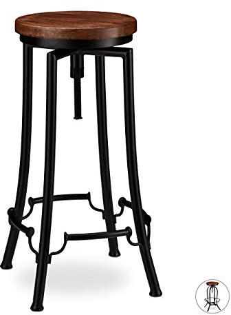 Relaxdays Barhocker industrial, Tresenhocker drehbar, hoher Vintage Hocker, höhenverstellbar bis 77,5 cm, schwarz/braun