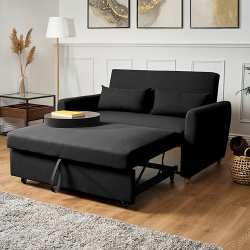 Bravich Black 2 Seater Sofa Bed Double, Pull Out Sofa Bed for Adults, Compact Fabric Sofabed with Fold Flat Mattress | Living Room Guest Bed | 140cm