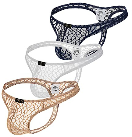 LINSINCH String Sexy Homme sous-vêtements Transparent Nouveaux Hommes Taille Basse Dentelle Transparente Hommes T-Back sous-Vêtements érotique Hot Slip Ouverte (3pcs，#01, XL)