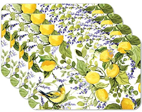 CounterArt Watercolor Lemons 4 Pack Reversible Easy Care Flexible Plastic Placemats Made in The USA BPA Free PVC Free Easily Wipes Clean