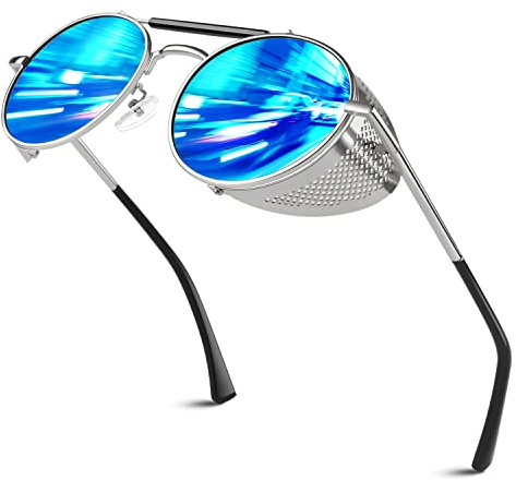 Sunier Lunettes de soleil homme et femme,Polarisées Métal Lunettes UV400 Style Steampunk, Ronde Rétro Lunettes de soleil