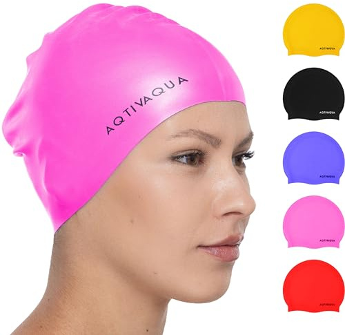 Aqtivaqua Bonnet de Bain Femme et Homme, Bonnets de Bain Piscine en Silicone 100% Imperméable pour Adulte, Bonnet Natation Extensible pour Garder Les Cheveux au Sec (Rose)