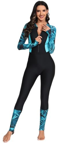 IMEKIS Women Full Body Rash Guard Swimsuit Long Sleeve Tropical One Piece Swimwear Padded Modest Swimming Costume UV UPF 50 Zipper Up Surfing Bathing Suit Beachwear Black XL