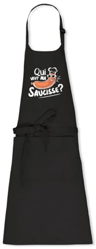 La French Touch Tablier homme humour Qui veut ma saucisse - 100% coton bio - Imprimé en France - Cadeau Cuisine Humour original rigolo (Noir)