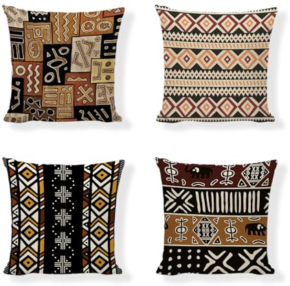 African Decor - Cushion Covers 18x18 Set of 4, Ornaments, South African Gifts, Ethnic Art Tribal Women Fabric Linen Decorations for Home Sofa