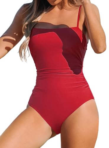 CUPSHE Women Swimsuit One Piece Square Neck Cutout Back Swimming Costume Tummy Control with Adjustable Spaghetti Straps Bathing Suit Swimwear Red XS