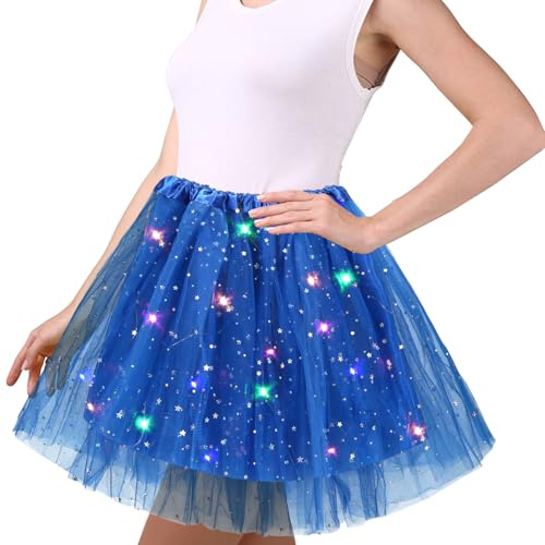 Wishstar Gonna di Tulle Signore, Stelle Paillettes Abito da Ballo, Elastico Mini Gonna con Luci LED, 45cm Adulti Tutu Gonna Balletto per Carnevale Halloween Party, Danza Classica Vestito Adolescenti
