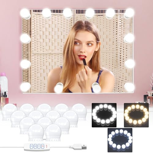 daphomeu Mirror Lights 14 Bulbs, Hollywood Mirror Light Kit, Vanity Lights Perfectly Hidden Cables, 3 Colors and 10 Intensities, USB Make up Lamp for Dressing Table, Bathroom, Bedroom