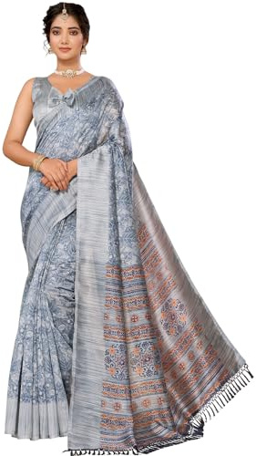 Kvinnors Konst Siden Indiska Etniska Slitage Tryckt Saree Med Osömd Blus Bit -(DURVI BLUE)