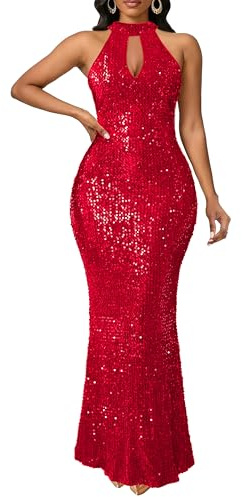 VERWIN Sleeveless Halter Neck Sparkly Casual Party Cocktail Evening Bodycon Mermaid Maxi Sequins Dress
