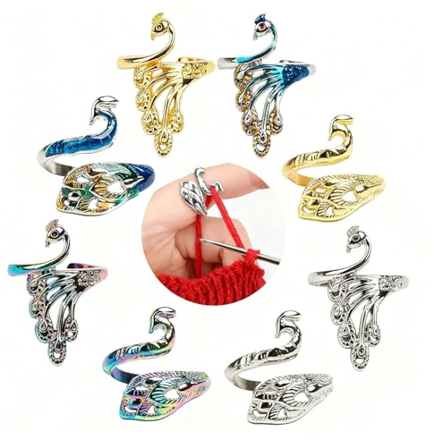 8 PCS Adjustable Knitting Rings Crochet Finger Loop Yarn Guide Holder Peacock Weaving Hook Finger Counter Tools Braided Open Thimble for DIY Craft Accessories Grandma Mother Thanksgiving Presents