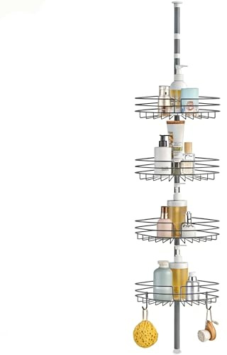 KAIMEIYU Telescopica Mensola Doccia Senza Foratura Mensole Bagno Angolare Metallo Portaoggetti Doccia con 4 Ripiani per Vasca da Bagno 85-325CM Grigio
