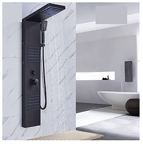 Mattsvart LED Duschpanel Vattenfall Regn Dusch Kran Set SPA Massage Jet Bad Duschpelare Dubbelhandtag Blandare Krantorn(6004 Matte Black)