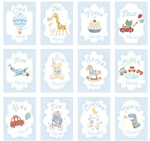 12pcs Boy Watercolor Milestone Cards, 18x13.5cm/7.08x5.3in 12 Style Baby Boy Monthly Milestone Cards Month Signs for Baby Shower Newborn Picture Photo Prop