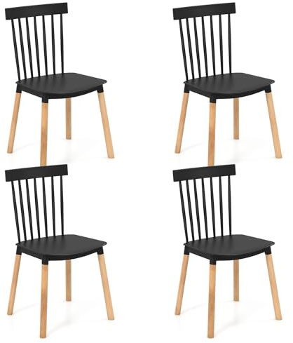 COSTWAY Dining Chairs Set of 4, Windsor Kitchen Chairs with Spindle Back, Curved Seats, Solid Wood Legs & Non-slip Footpads, Armless Side Chairs for Living Dining Room Restaurant (Black)