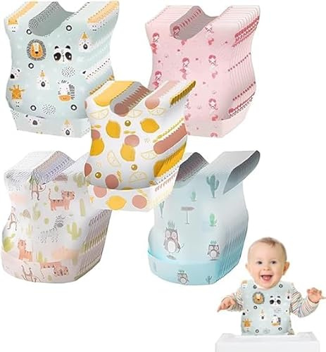 50 Pezzi Bavaglini Usa e Getta Bambini, Bavaglini Monouso Impermeabili,Bavaglini Neonato,Per la famiglia,il viaggio,la cameretta Bavette Neonato 0-3 Mesi,Bambini Regolabili Tasca Raccogli Papp