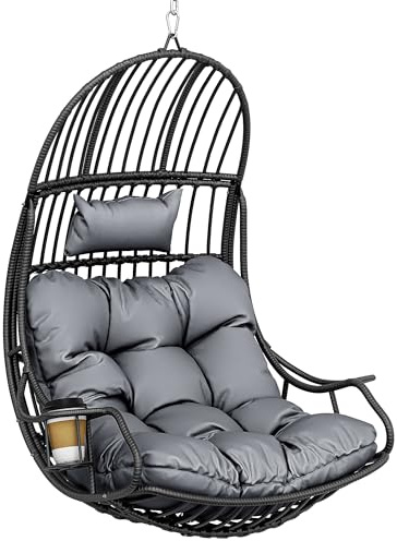YITAHOME Hanging Egg Swing Chair Max. load 150 kg Rattan Egg Chair Indoor Outdoor Hammock Egg Chair with Cushions & Cup Holder for Patio, Bedroom, Garden and Balcony, Gray