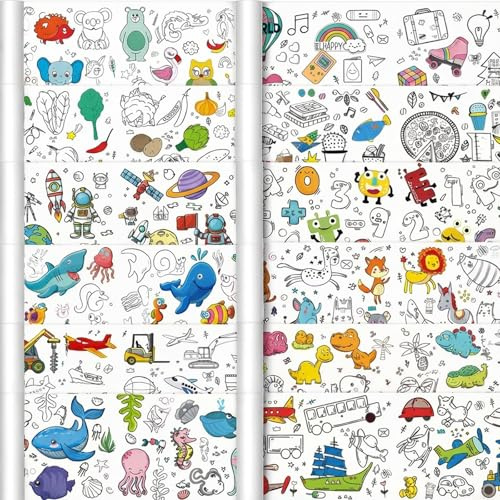 Roll of Paper for Kids, 12PCS Colouring Sheets, 30CM x 0.9M Drawing Paper Roll for Easel, Painting Paper with Animal World, Ocean Paradise, Space Universe, Alphabet Numbers and Vehicle Themes