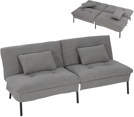WOLTU Divano Letto 2 Posti con 2 Cuscini, Schienale Regolabile, Divano Letto con Piedini Antiscivolo, Tessuto Effetto Lino per Soggiorno, Camera da letto, Studio, Grigio Scuro