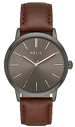 RELIC by Fossil Men's Jeffrey Three-Hand Watch, Gunmetal Gray Alloy Metal and Dark Brown Leather Band Watch for Men