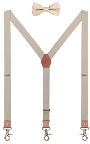 WANYING 2,5cm Hosenträger Fliege Sets für Damen Herren | Y Form Retro PU Leder Hummer Verschluss Hosenträger Elastisch Verstellbar für Körpergröße 150-200cm - Einfarbig Khaki