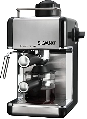 SILVANO Cafetera Espreso de 800 W - Jarra 240 ml con Medidor de Agua - Capacidad de 2 a 4 Tazas - Función Capuchino - Mango Portafiltro - Bandeja Extraíble - Presión 3,5 Bar
