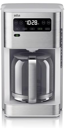 Braun PureFlavor 14‑Cup Programmable Coffee Maker – Fast Brew Speed, Touch Display, Bold & Brew‑Over‑Ice Modes, FlavorCarafe & Adjustable Warm Plate, White