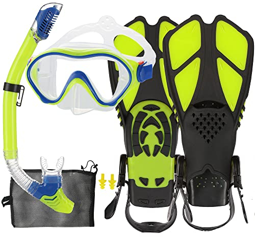 HH HHAO SPORT Schnorchelset Kinder mit Flossen, 180° Anti-Fog Panorama Weitblick Taucherbrille Kinder, Verstellbaren Schwimmflossen, Hochwertige Tauchermaske und Dry Top Schnorchel für Schwimmen
