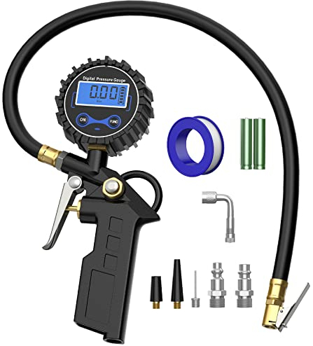 HOMELODY Reifenfüller für Kompressor, 100 PSI Digitaler Reifendruckprüfer, Luftdruckprüfer mit LCD-Bildschirm, US&EU Standard Anschluss,für Auto Motorrad PKW LKW Fahrrad uvm (Schwarz)