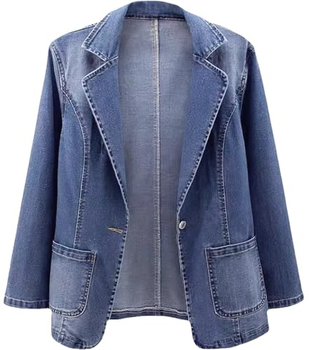ebossy Women's Classic Notch Lapel Denim Blazer One Button Long Sleeve Slim Office Jean Jacket (XL, Light Blue)