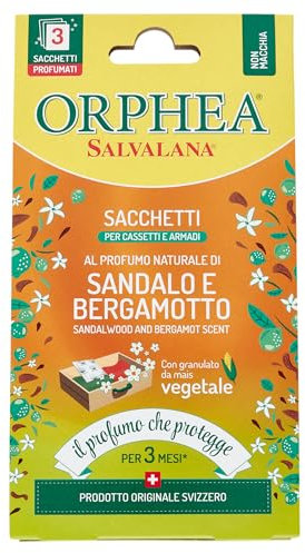 Orphea Salvalana, Sacchetti per Cassetti e Armadi, Per Lana e Vestiti Tutta la Stagione, Profumo di Sandalo e Bergamotto, 3 Sacchetti in Carta di Canapa