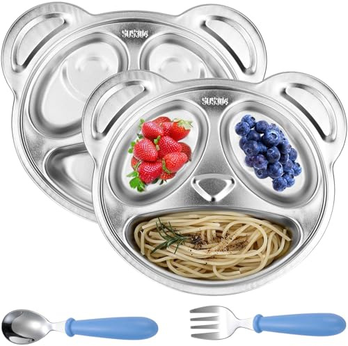 Plato infantil dividido, plato de acero inoxidable bebé, plato de acero inoxidable niños con tres compartimentos, plato dividido con forma de panda para bebé, niños pequeños, niños, familias, guarderí