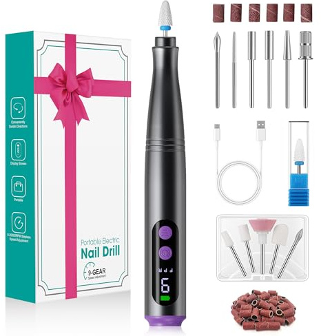 Fofile Nagelfräser Kabellos, 12 in 1 Elektrische Nagelfeile 9 Verstellbare Geschwindigkeit Fräser für Gelnägel Maniküre und Pediküre Set Elektrisch für Acrylnägel, Gelnägel Professionell Nail Drill