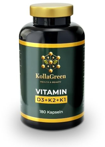 KollaGreen® Vitamin D3 + K2 + K1 – Hochdosiertes Vitamin-Komplex – 180 vegane Kapseln