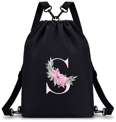 A-Z BAG Drawstring Swimming Bag Initial Gifts for Girls Kids (Black, S) | Waterproof, 4-in-1 Multi-String Backpack Beach Gym Personalised Bag for Women Travel