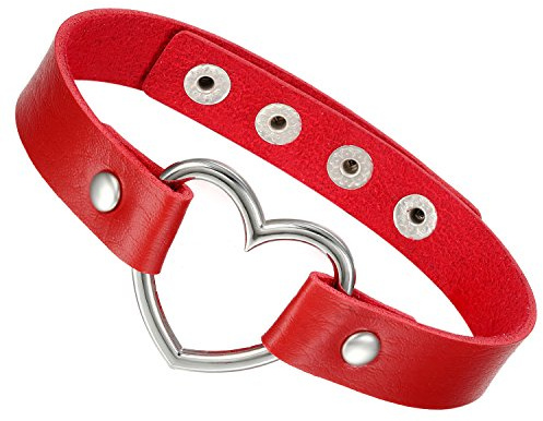 Flongo Collier Ras du Cou Alliage Cuir Coeur Réglable Rendez-Vous Soirée Mode Charme Bijoux Cadeau pour Femme Fille Couleur Rouge