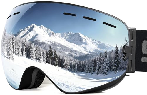 Lunettes de ski SPOSUNE avec double lentille interchangeable anti-buée, protection UV400, pour homme, femme, jeune, compatible avec casque, coupe-vent, Black frame + Sliver Lens VLT 9-12%