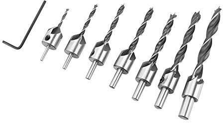 7 Stücke 5 Flöten Holzbearbeitung Senker Holzbohrer Senker Bohrer Set HSS Zimmerei Reibahle Kernbohrer Fasensenker 3mm-10mm mit Sechskantschlüssel