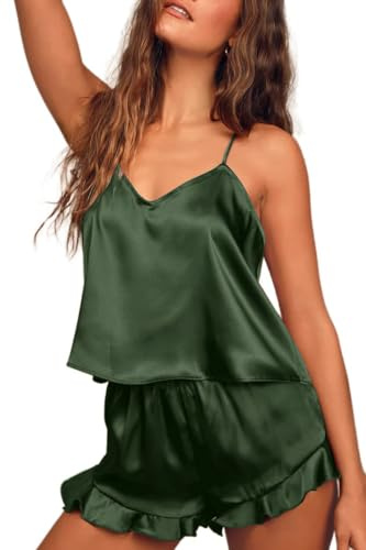 Ekouaer Conjunto de pijama sexy para mujer, ropa de dormir de satén, lencería de 2 piezas, pijama de seda, camiseta y pantalones cortos, camisola para dormir, regalo