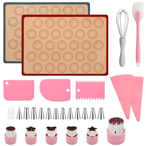 Coldairsoap 28Pcs Macaron Silicone Baking Mat Kit-2 Sheet Macaron Silicone Baking Mats 11.6x16.5, 2 Piping Pastry Bag, 12Piping Tip, 1 Coupler, 3 Scraper, 1 Egg Beater, 6 Embossing-Molds Macaron Set