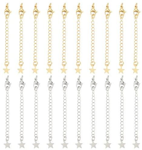 Beebeecraft 20 st halsbandsförlängare, 18K guld- och platinapläterade, 2 färger, 70 mm, förlängningskedja, ändkedjor med hummerlås och stjärnkedjeflikar för smyckestillverkning