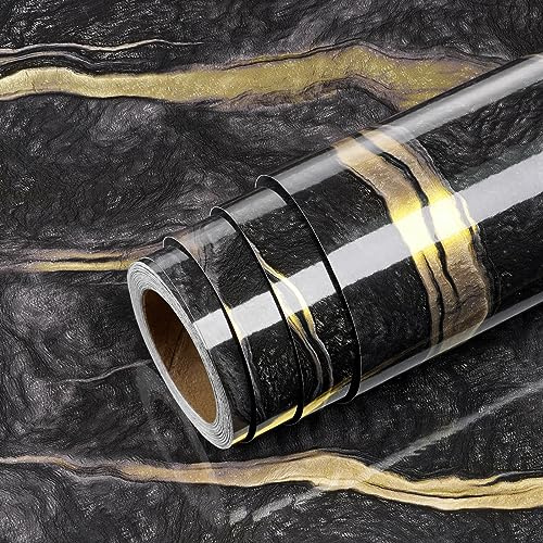 Livelynine Carta Adesiva per Mobili Cucina Lavabile Marmo Nero Oro 60CMx5M Carta da Parati Adesiva Muro Effetto Marmo Scuro Bagno Rivestimento Adesivo per Mobili Cucina Top Tavolo Cassetti Armadio