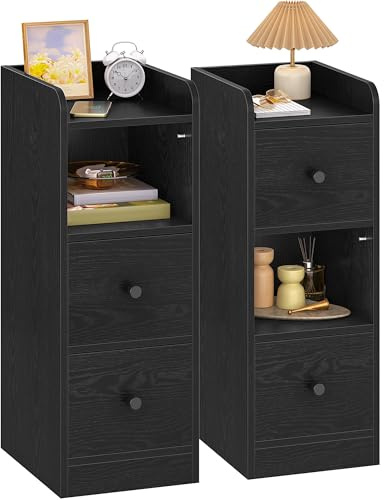 Hzuaneri Comodino Set di 2, Tavolino Stretto con 2 Cassetti, comodino con protezione superiore, per spazi ristretti, per Camera da Letto, Soggiorno, 30 x 24 x 65 cm Nero NS62204X