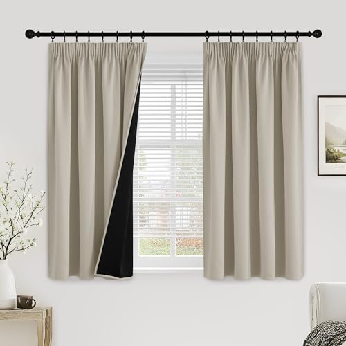PONY DANCE 100% Blackout Thermal Insulated Curtains, 52x54 Inch, Natural | Pencil Pleat Rod Pocket Curtains for Bedroom and Living Room, 2 Panels, Noise Reduction, Light Blocking & Privacy Drapes