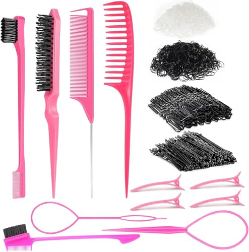 HEYMKGO Hair Styling Comb Set 5Pcs Slick Back Hair Brush Set Rat Tail Comb Edges Brush Wide ToothComb 2Pcs Topsy Tail Hair Tool 4Pcs Hair Clips For Styling Bobby Pins Black Clear Elastic Hair Bands